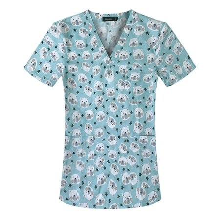 

Women Scrubs Tops Short Sleeve V Neck Cartoon Printed Top Nursed Working T Shirts Blouse With Pockets Comfortable Nursing Uniform