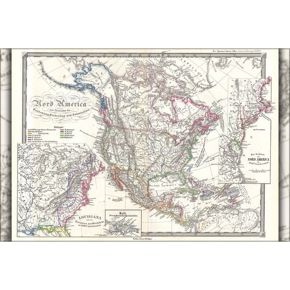 24"x36" Gallery Poster, 1855 Spruner Map of North America - Overview of Discovery, Conquest and Colonization