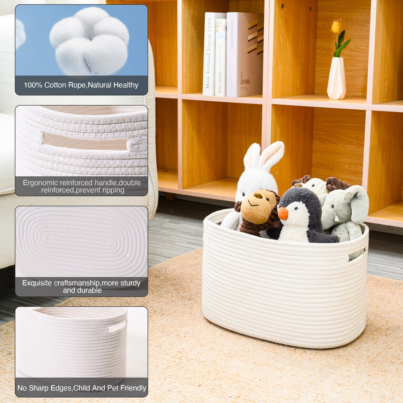 Woven Storage Basket,Large Cotton Rope Baskets for Organizing,decorative Baskets for Shelves,book Basket,Toy Basket or Storage Bins for Living Room (White,2PCS)
