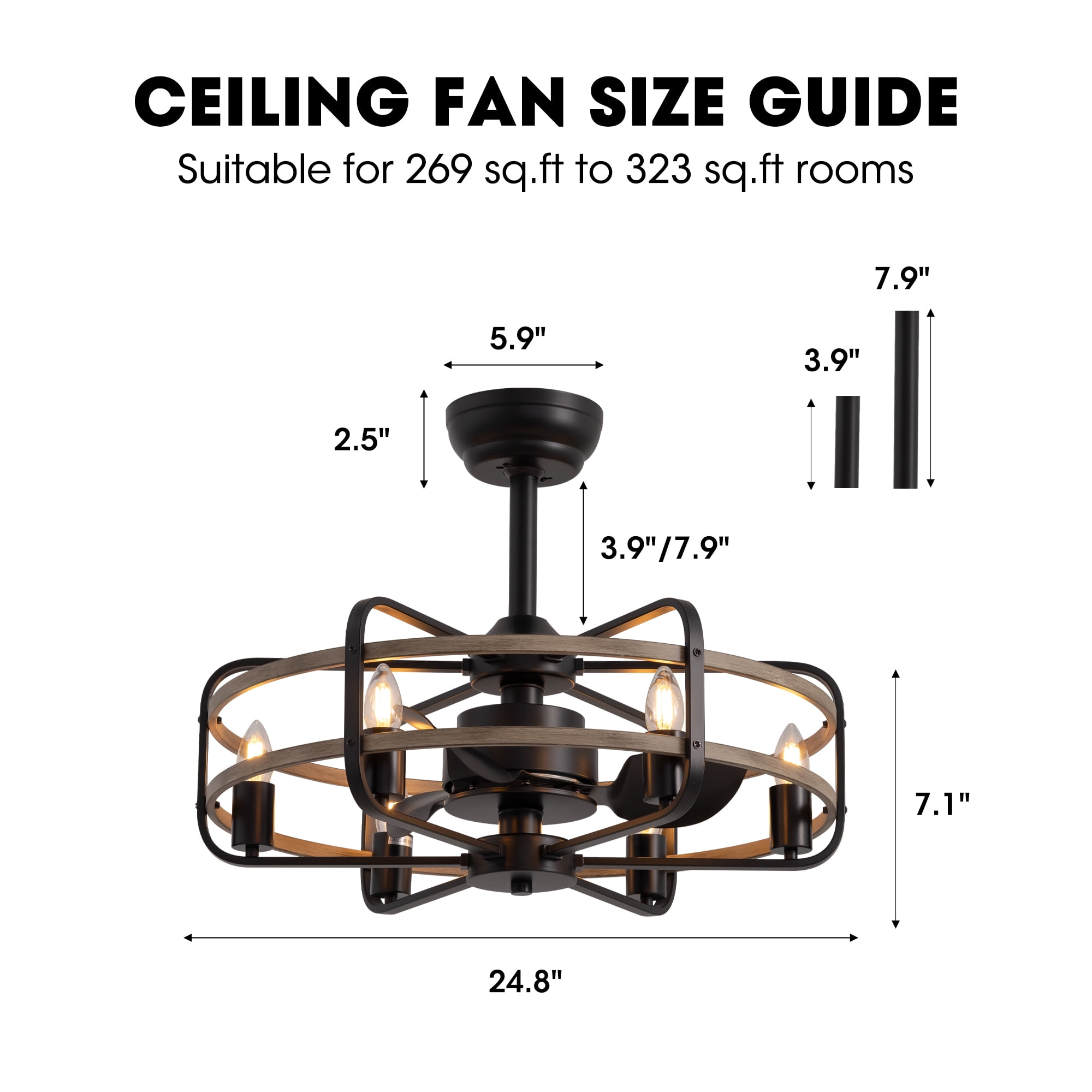 HOOMEDELIER 25" Vintage Ceiling Fan with Light and Remote Farmhouse Caged Chandelier Fan for Living Room Dining Room