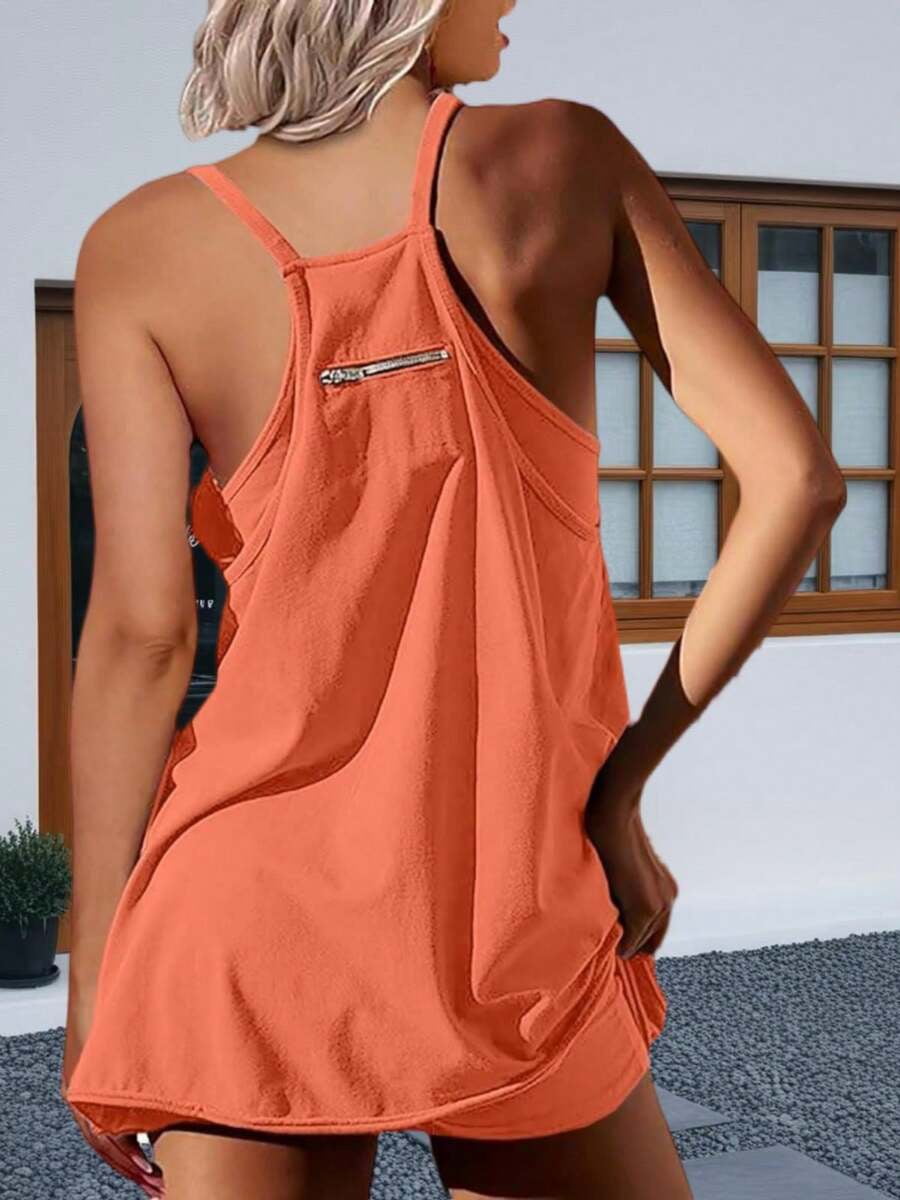 Orange Womens Sleeveless Athletic Tennis Mini Dress With Front Pockets For Summer And Workout