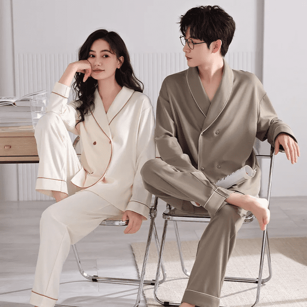 Pijama de algodón de manga larga para parejas, jersey de color liso de alta gama, para primavera y otoño, nuevo traje para hombre y mujer, ropa de abrigo, ropa de casa