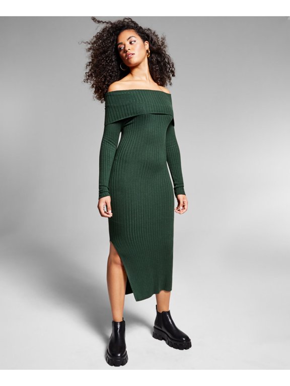 Womens Green Stretch Ribbed Slitted Lined Long Sleeve Off Shoulder Midi Body Con Dress L