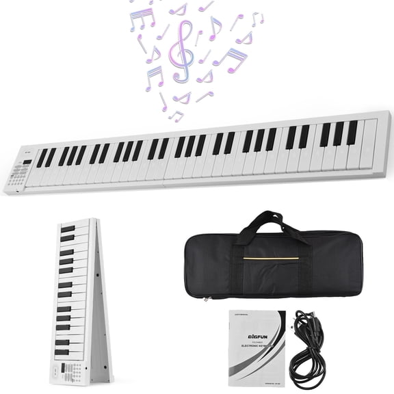61-Key Foldable Electronic Piano Multifunctional Electronic Piano Keyboard with LED Display Built-in Rechargeable Battery Portable Musical Instrument Digital Piano with Carrying Bag for Beginners
