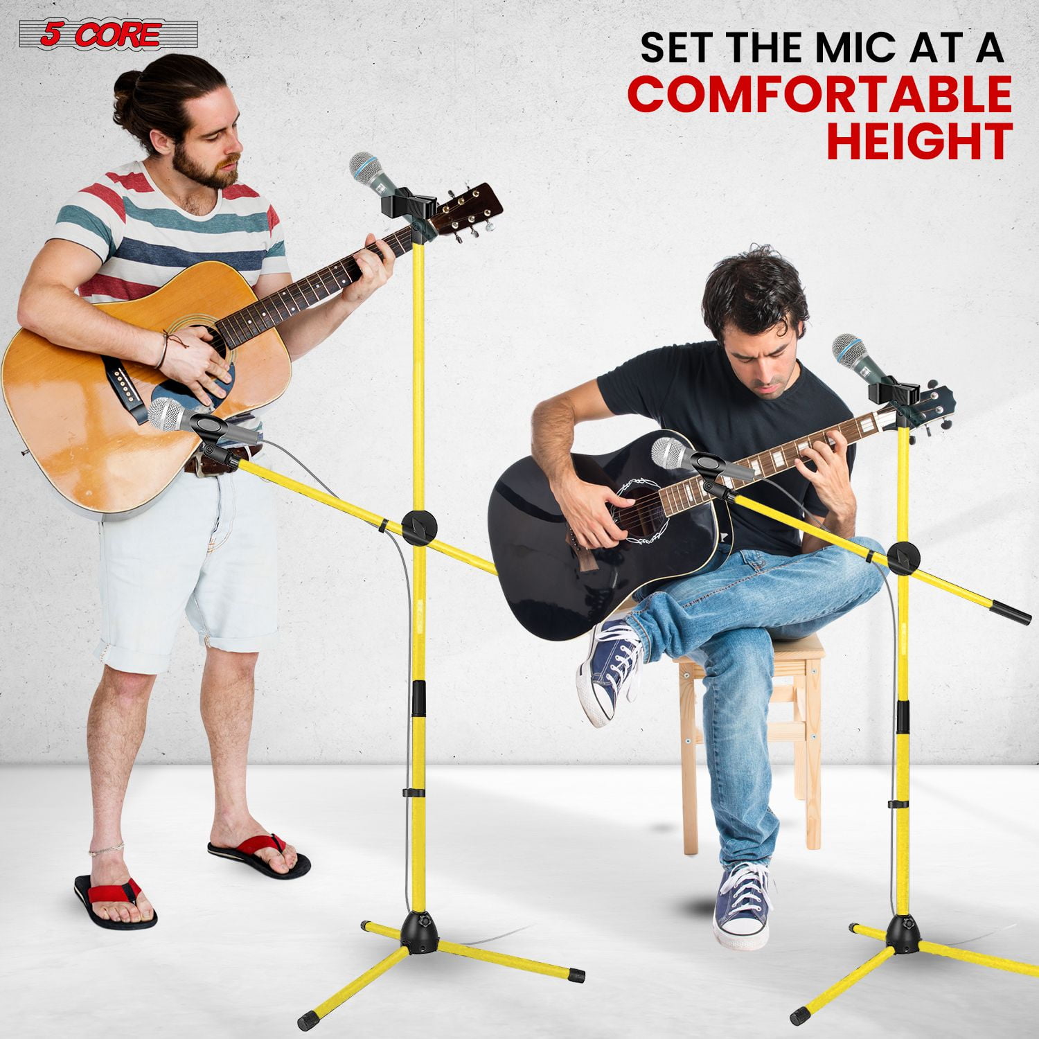 Tripod Mic Stand Floor Adjustable 31 to 76 Inches Boom Arm Holder Microphone Stands 360 Degree Rotating + Dual Mic,YELLOW