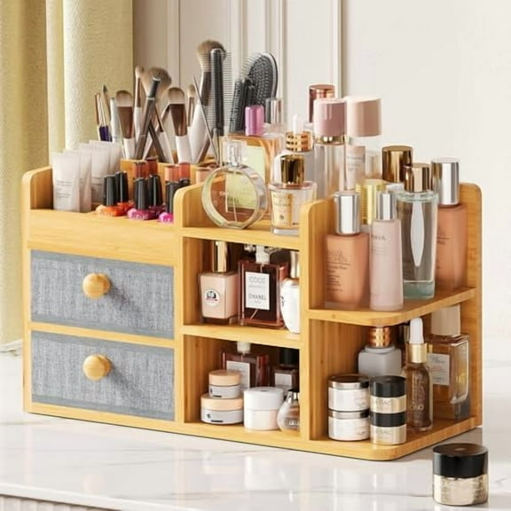Large Makeup Organizer Countertop For Vanity Dresser, Bamboo Bathroom Counter Organizers And Storage,Cosmetic Skincare Perfume Organizer With 3 Makeup Brush Holder/2 Drawers/5 Shelves /8 Compartments