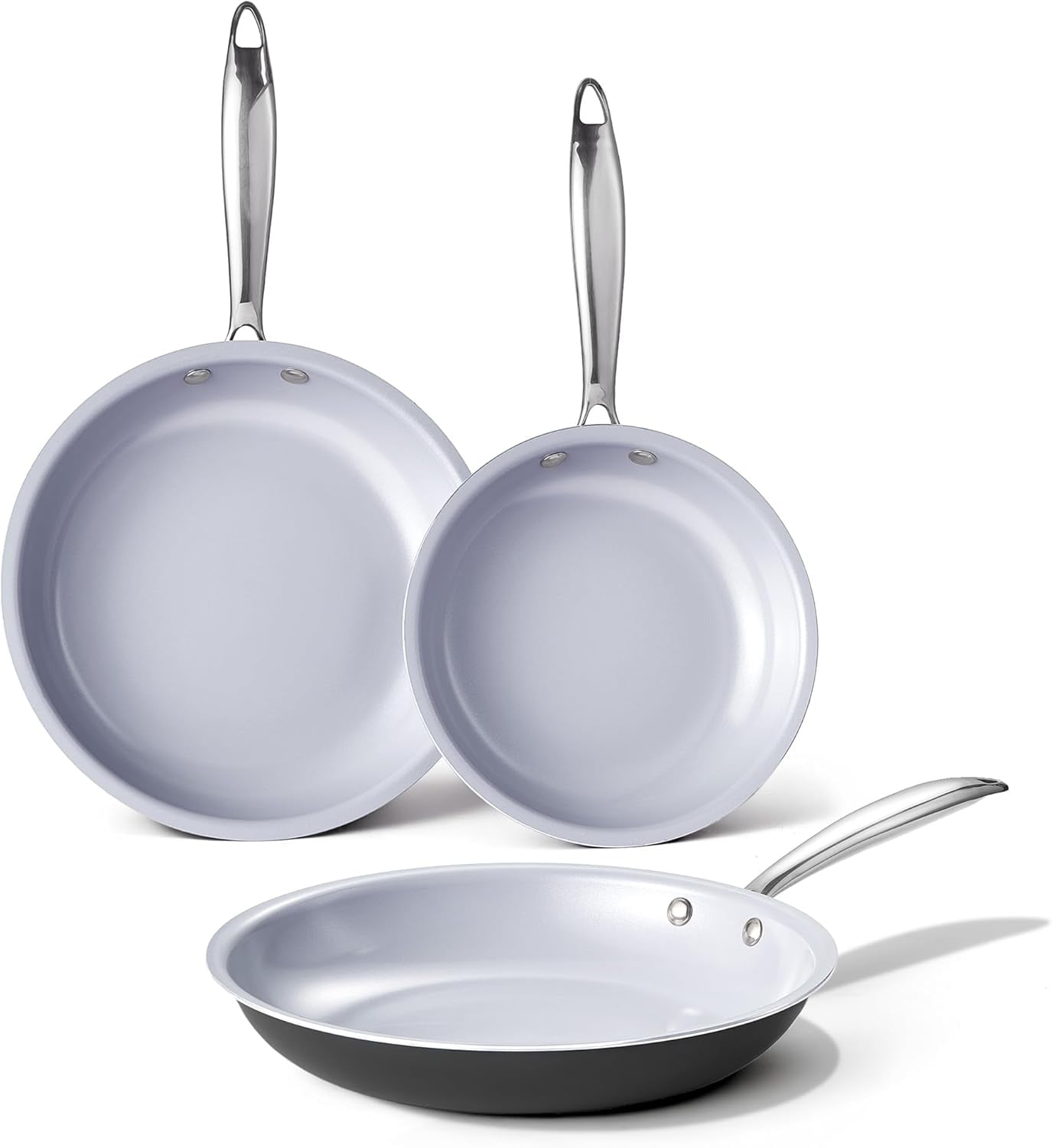 KITEXPERT Non Stick Frying Pans Set, Titanium Ceramic Pan Skillet Set Non Toxic, 8" 9.5" 11" Nonstick Frying Pan, Stainless Steel Handle, Dishwasher & Oven Safe,, Cream