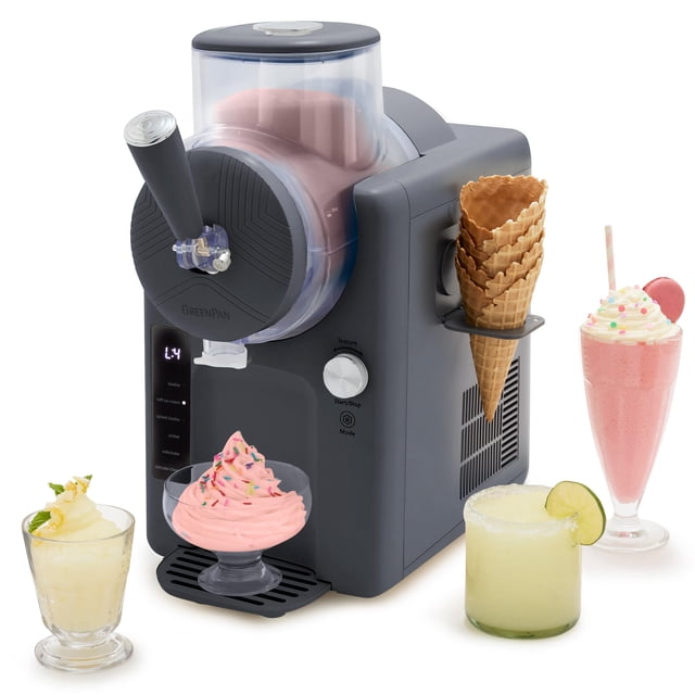 máquina para helados y granizados greenpan frost gris máquina de sobremesa gris con bol transparente superior, dispensador frontal con palanca y boquilla en estrella, panel táctil y perilla de 7 texturas, ventilación lateral y soporte para conos; mostrada con copas y bebidas congeladas. Capacidad familiar 2QT, listo en 15 minutos, sin necesidad de precongelar; a menudo usada también para preparar batidos proteicos y smoothies.