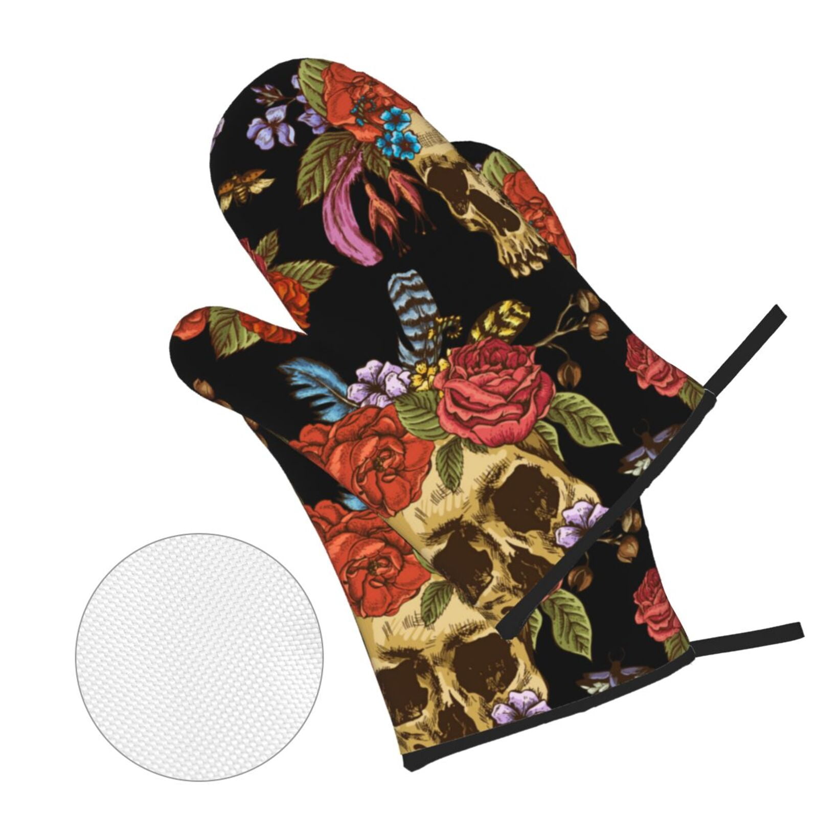 Watercolor Skull Flowers Day Dead 4Pcs Oven Mitts and Pot Holders Sets Oven Kitchen Gloves Hot Pads for Cooking BBQ Baking Grilling