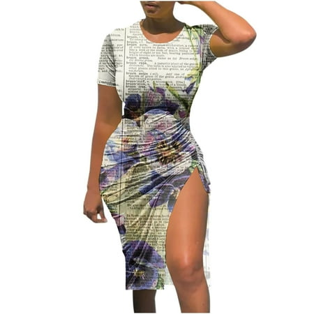 

Women Newspaper Printed Slim Mini Dress 2023 Sexy Crew Neck Bodycon Short Sleeve Slim Fit Drawstring Tunic Slitting Dress