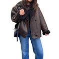 thumbnail image 2 of Women Thick -Lined Faux Suede Jacket Oversized Leather Coat Moto Jacket Biker Winter Overcoat Brown S, 2 of 9