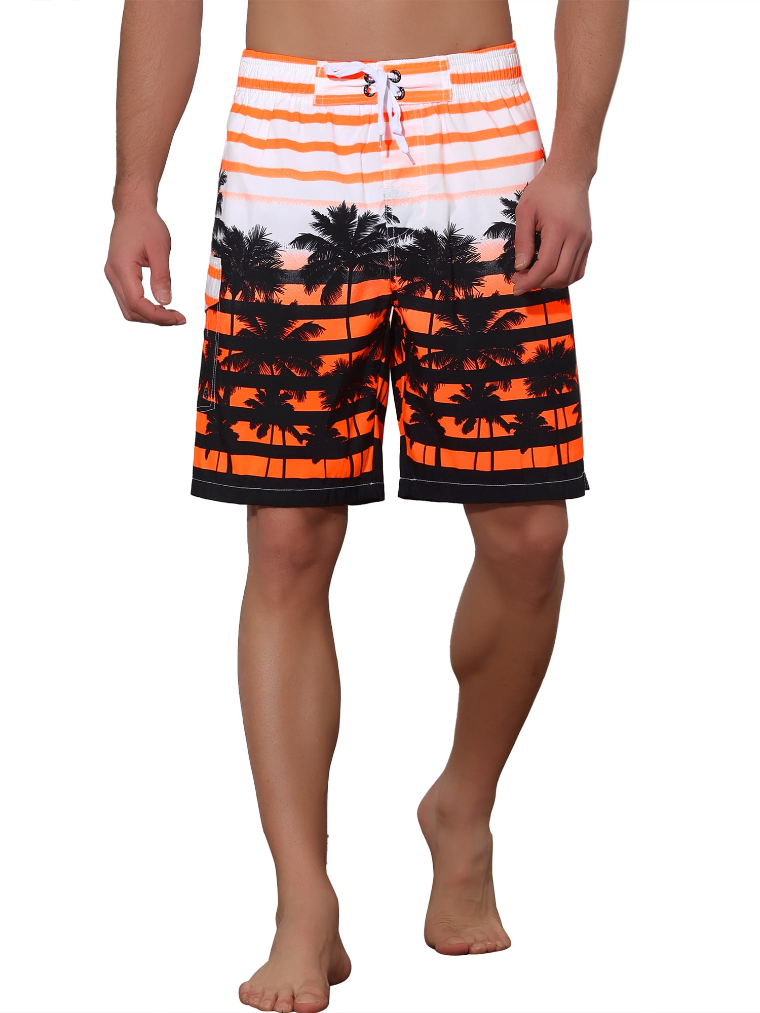 Unique Bargains Men's Color Block Tropical Trees Printed Striped Beach Shorts 36 Orange
