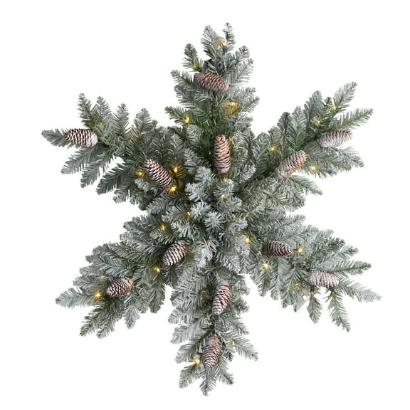 Nearly Natural Flocked Snowflake Dunhill Fir PVC White Prelit LED Battery Operated Holiday Wreath, with Pinecones 30" (White)