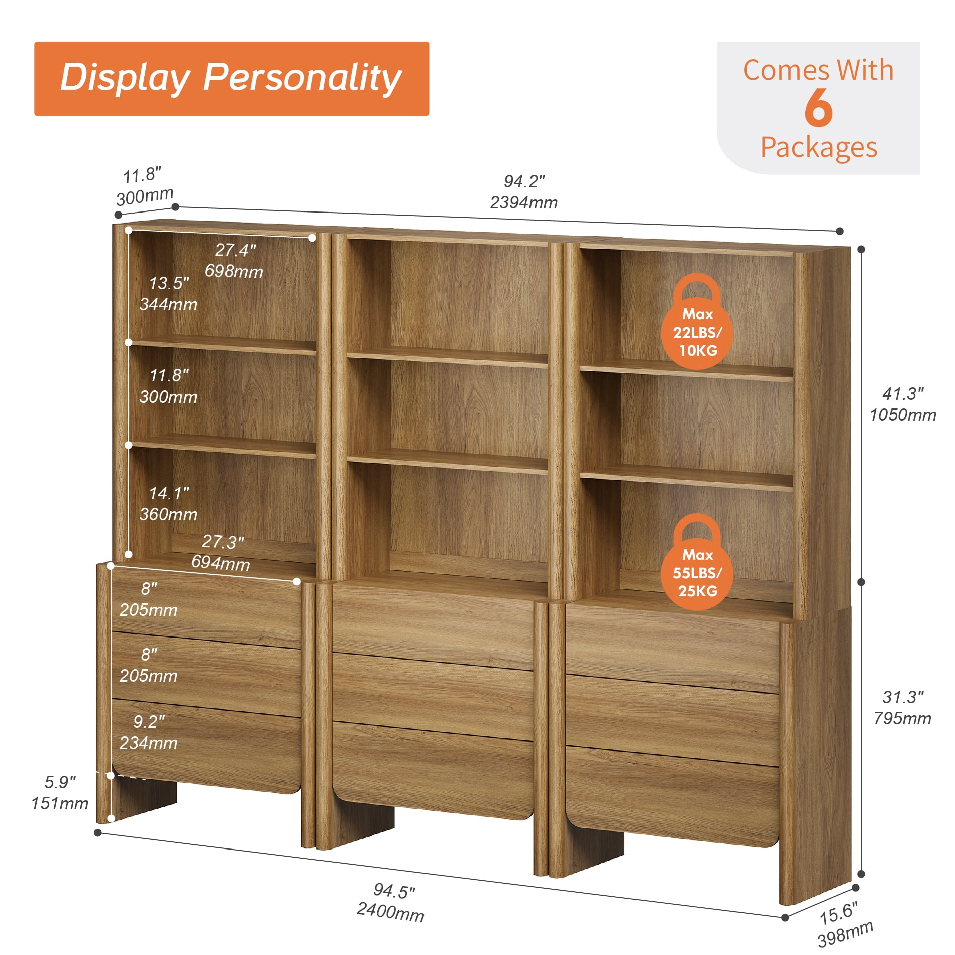 94.5-Inch Modern French Bookcase with Curved Edges, 9 Drawers and Open Shelving, 72.8" Tall, Walnut