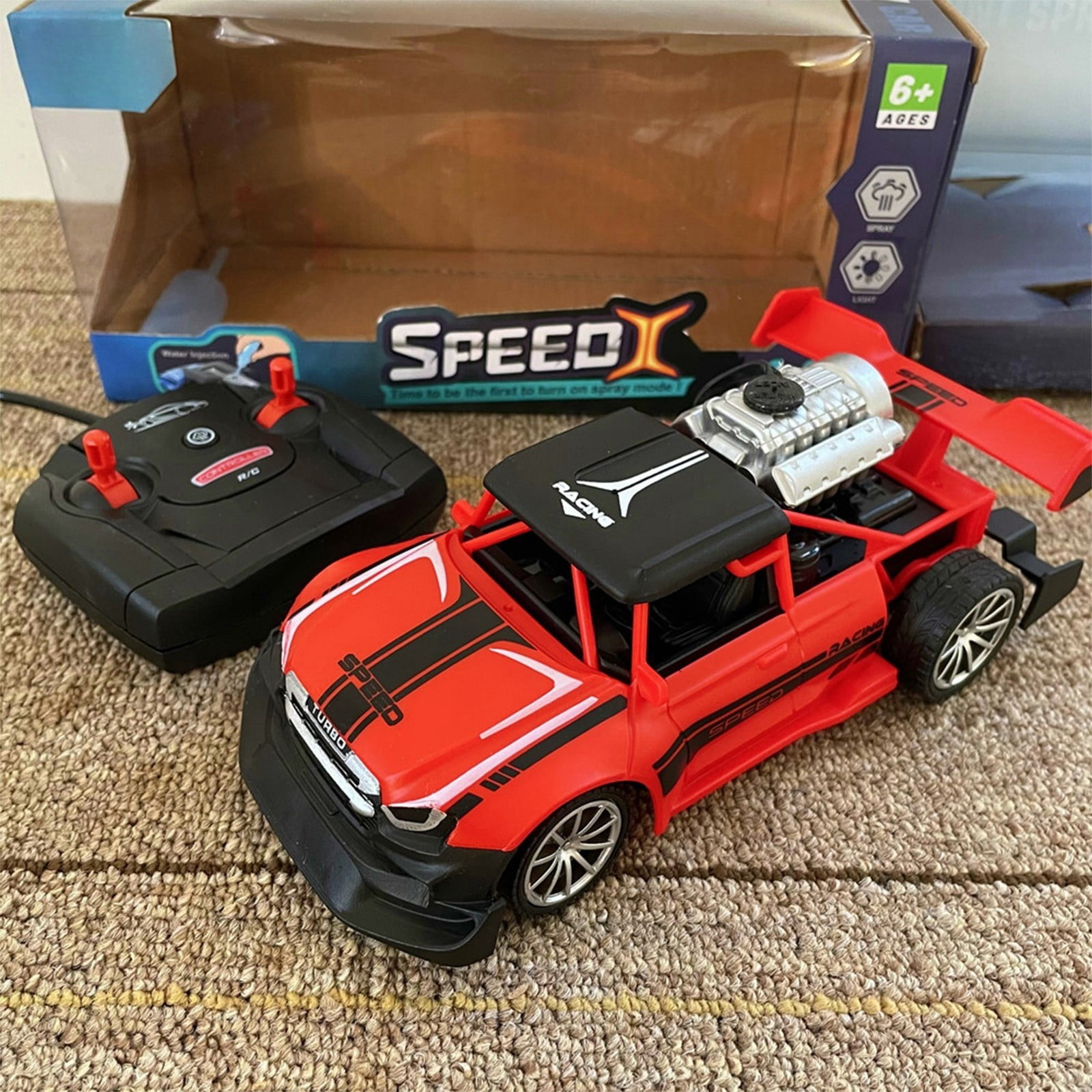 SPOORYYO High-speed Remote Control Car with Water Spray and Drift Features, 2.4Ghz Control, Powerful Motor, Stunt Tires, 360° Rotation, Cool Lights