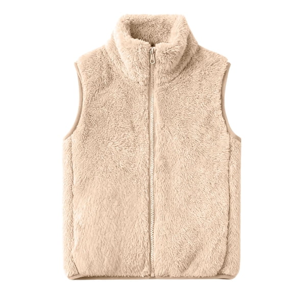 GiLiling Girls Sherpa Fleece Vest Jacket Boys Fuzzy Mock Neck Zip Up Sleeveless Waistcoat Winter Warm Lightweight Furry Outwear (Khaki, 9-11 Years)
