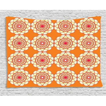 Orange and Pink Tapestry, Spirographic Floral Ornaments Retro Style Geometric Curvy Circles, Wall Hanging for Bedroom Living Room Dorm Decor, 60W X 40L Inches, Orange Pink Ivory, by Ambesonne