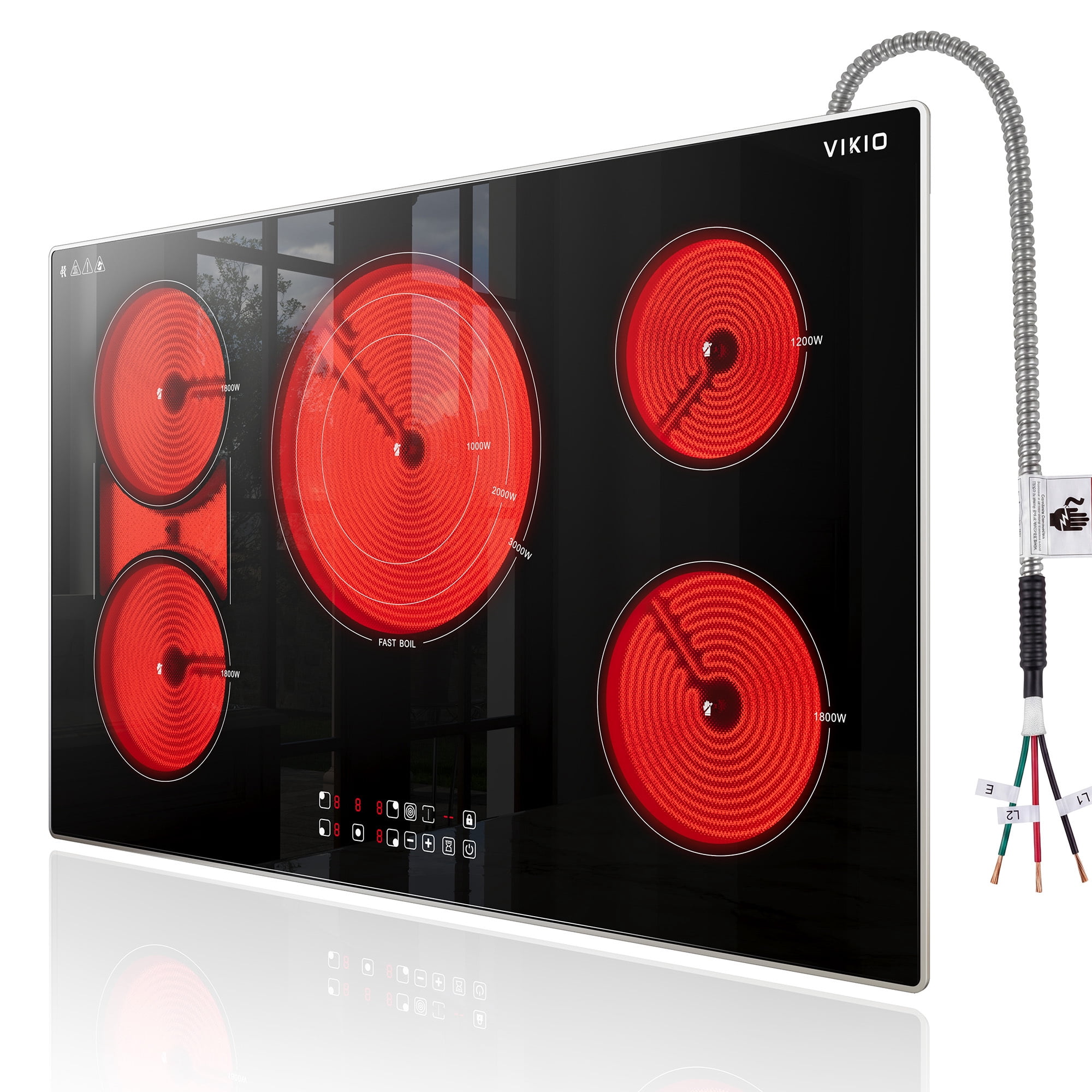 VIKIO 36-Inch 5-Burner Electric Cooktop, 10200W Radiant Ceramic Glass Cooktop with Bridge Zone & Triple-Ring Burner, Touch Control, Built-in