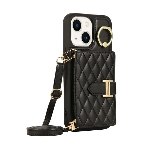 Dteck Wallet Crossbody for iPhone 14 Case with Lanyard Wrist Strap Credit Card Holder, PU Leather Protective Phone Case with Ring Holder,Black