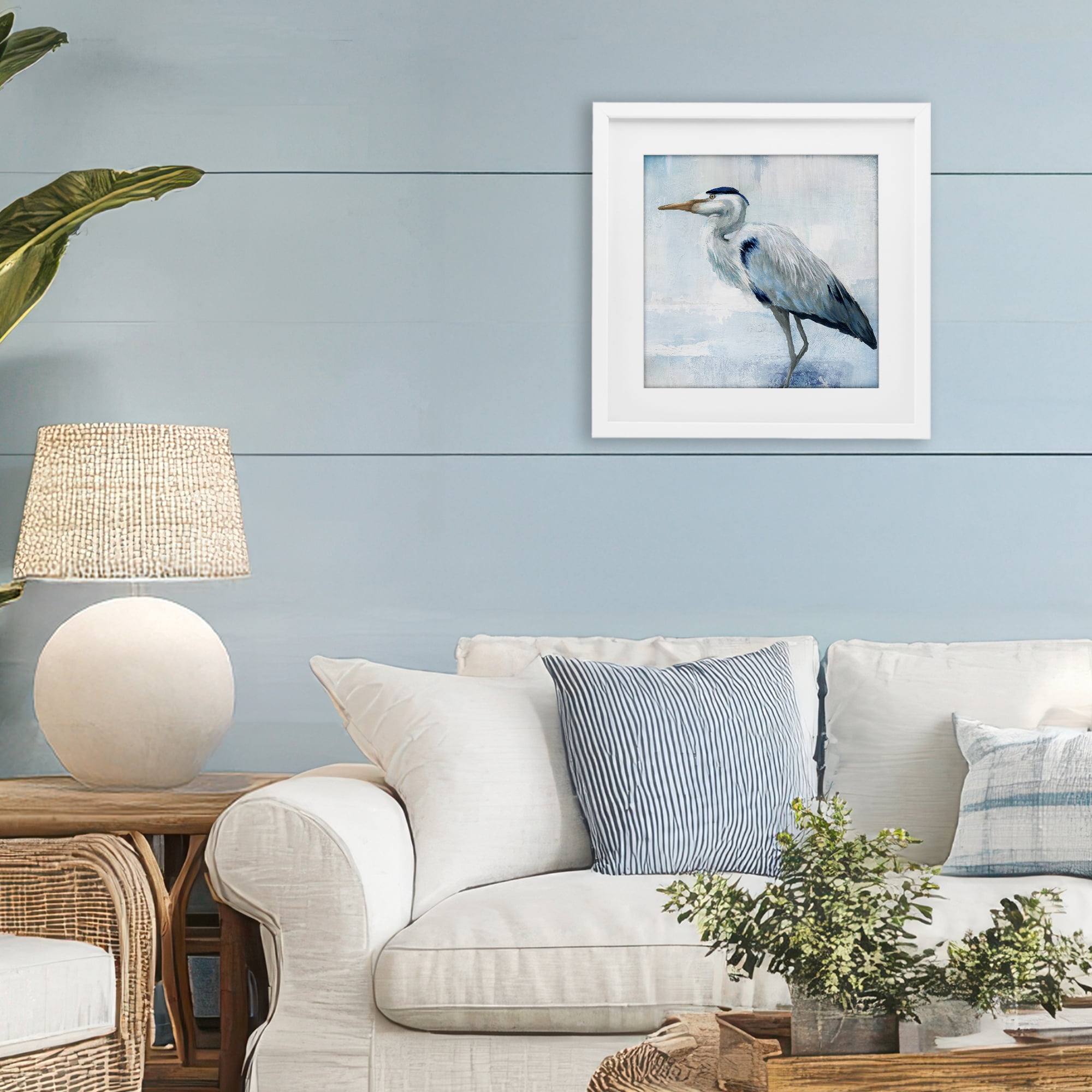 Stupell Industries Faded Blue Heron White Framed Print Under Glass, design by Nan