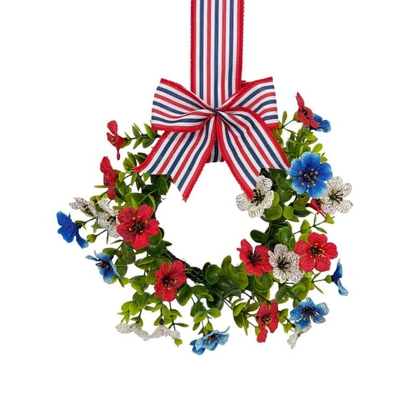 9" Small Patriotic Wreath, Independence Day Wreaths, 4th of July Red White Blue Flowers Wreath with Burlap Bow for Home Front Door Indoor Outdoor Party Decor