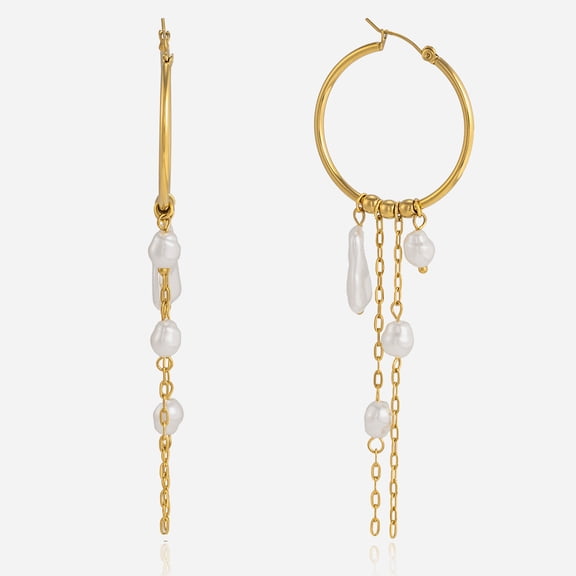 PISONIC 18K Gold-Plated Stainless Steel Imitation Pearl Tassel Hoop Earrings for Women, Retro Jewelry Gift for Mother Women
