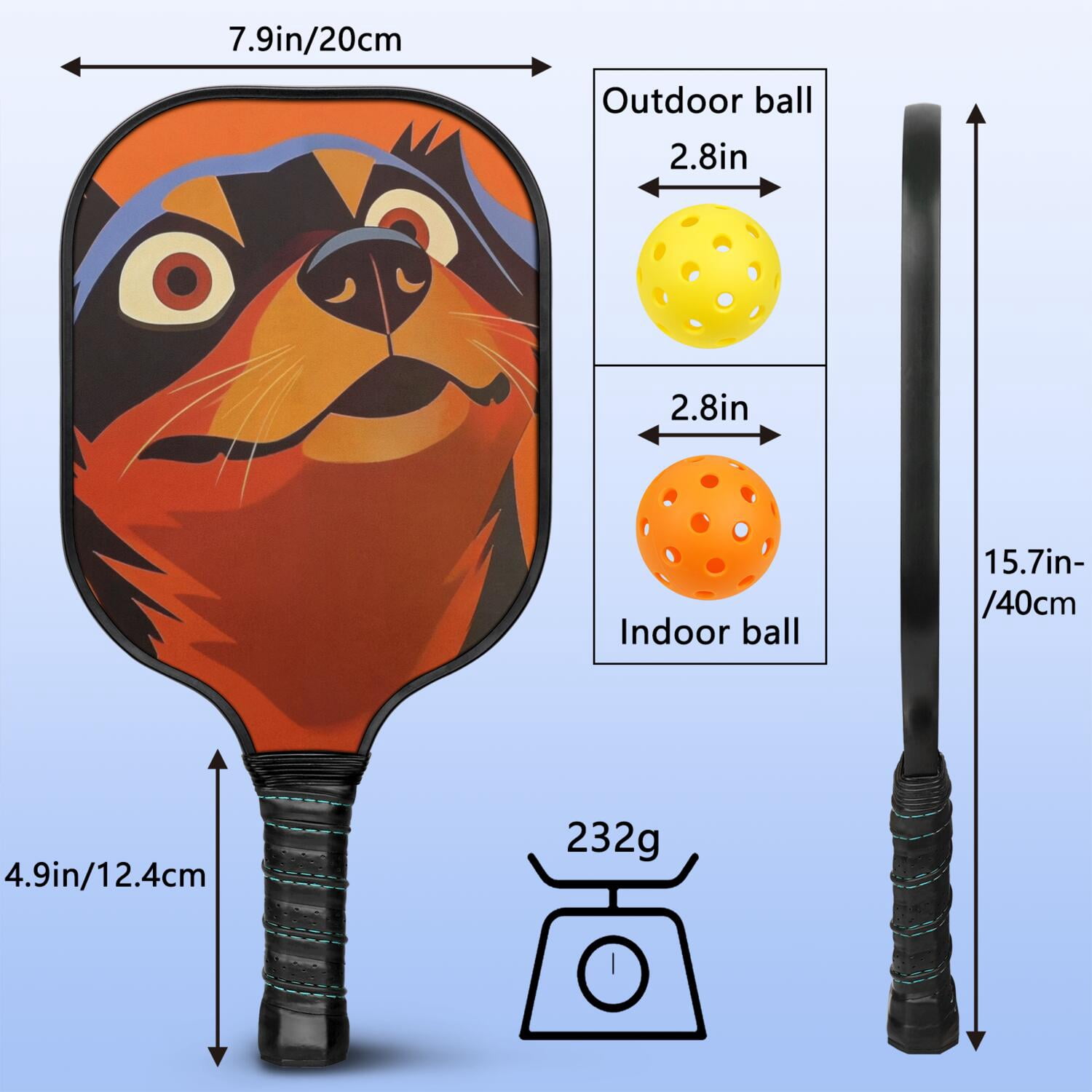 Pickleball Paddles Set Of 2, Fiberglass Surface, Astonished Dog Print, 4 Balls & Bag