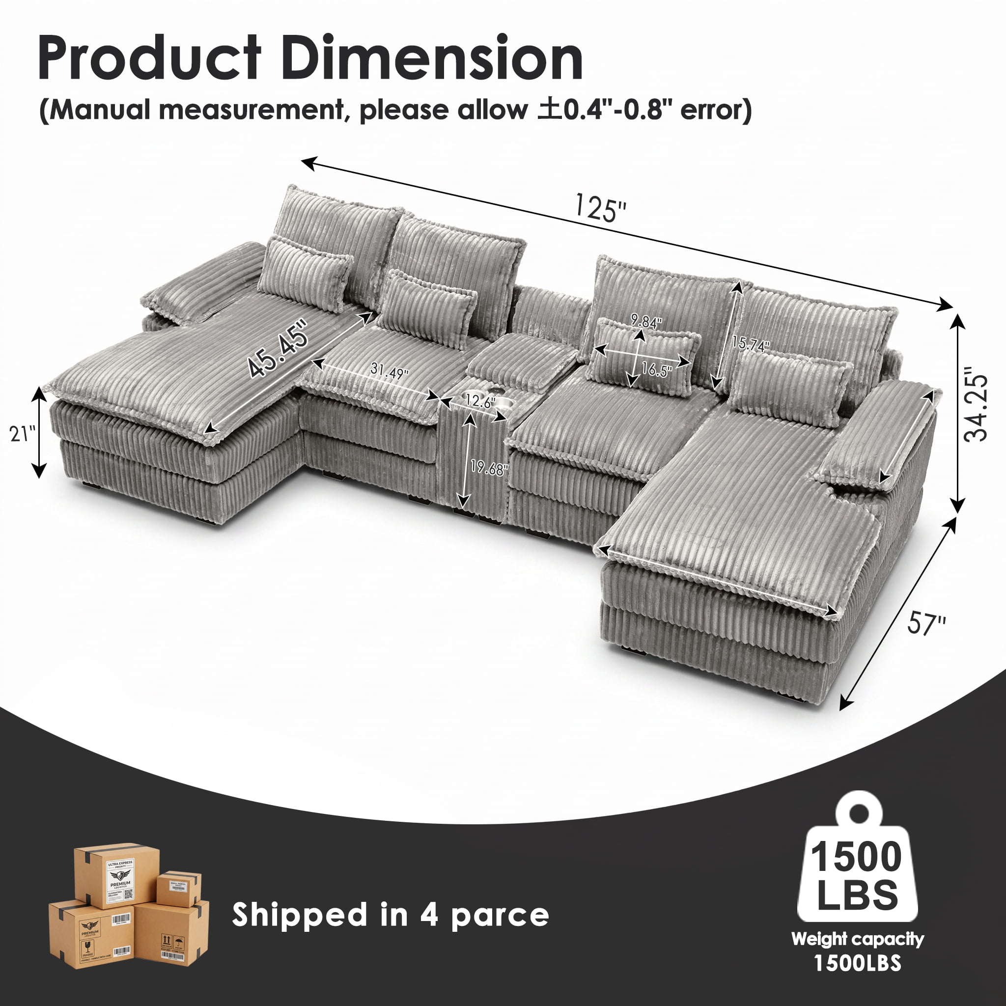 Wakefit 125" U Shaped Sectional Couch, Oversized Modular Sectional Sofa, 5 Seater Corduroy Cloud Couch with Hidden Storage, USB Ports & Cup Holders for Living Room, Light Gray