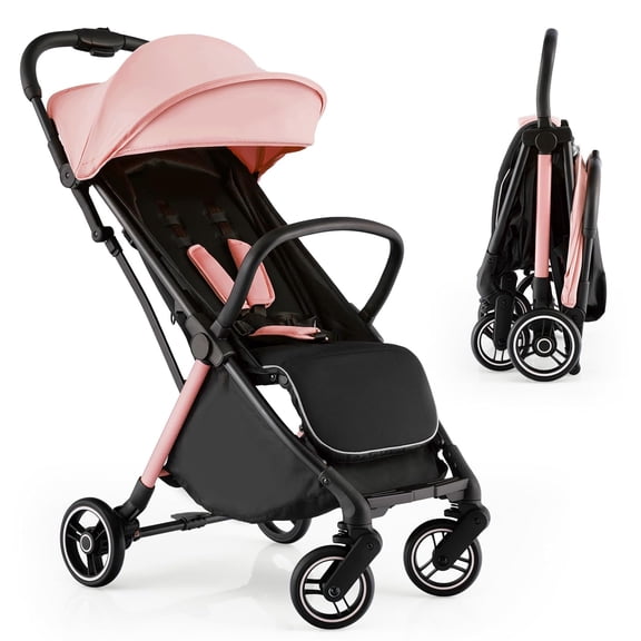 ZJTERLightweight Baby Stroller, Compact Travel Stroller for Airplane, Fits Airplane Cabin & Overhead, One-Hand Gravity Fold, Self-Standing Toddler Stroller w/Adjustable Backrest/Canopy(Pink)