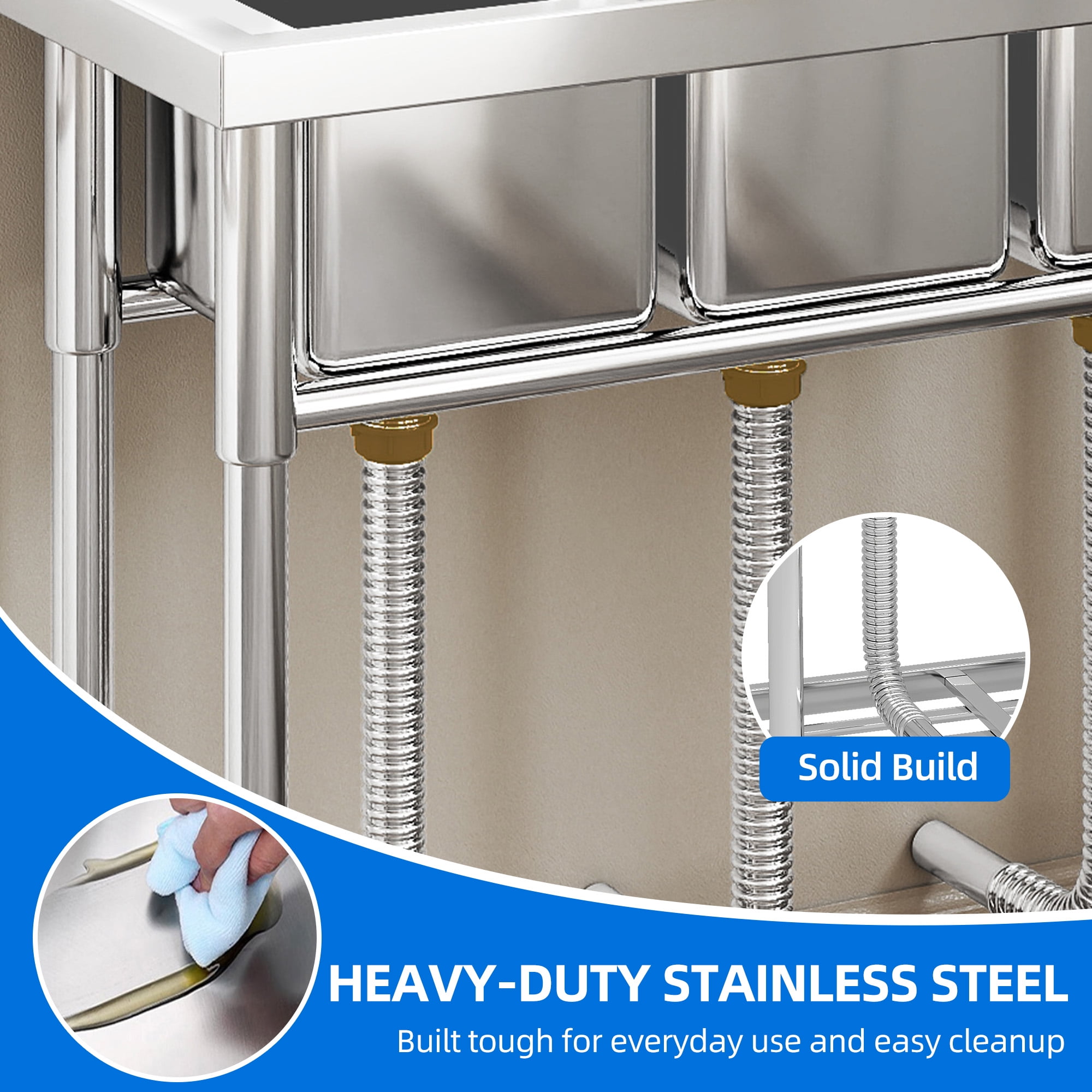 DEXTRUS Stainless Steel Utility Sink, 3 Compartment Commercial Sink for Restaurant, Laundry, Garage, Workshop