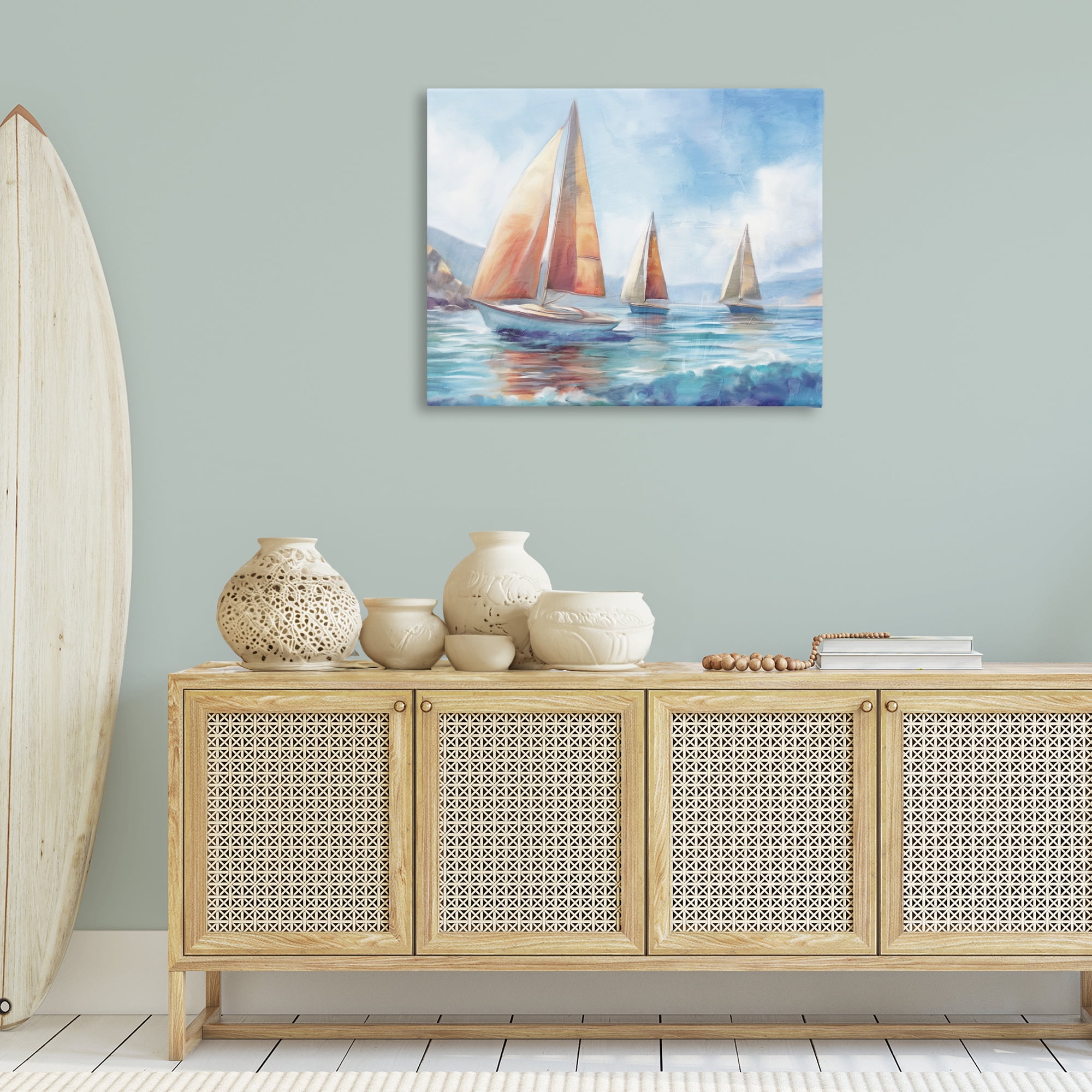 Stupell Industries Three Boats Drifting Coastal Painting Gallery Wrapped Canvas Art Print Wall Art, 40 x 30