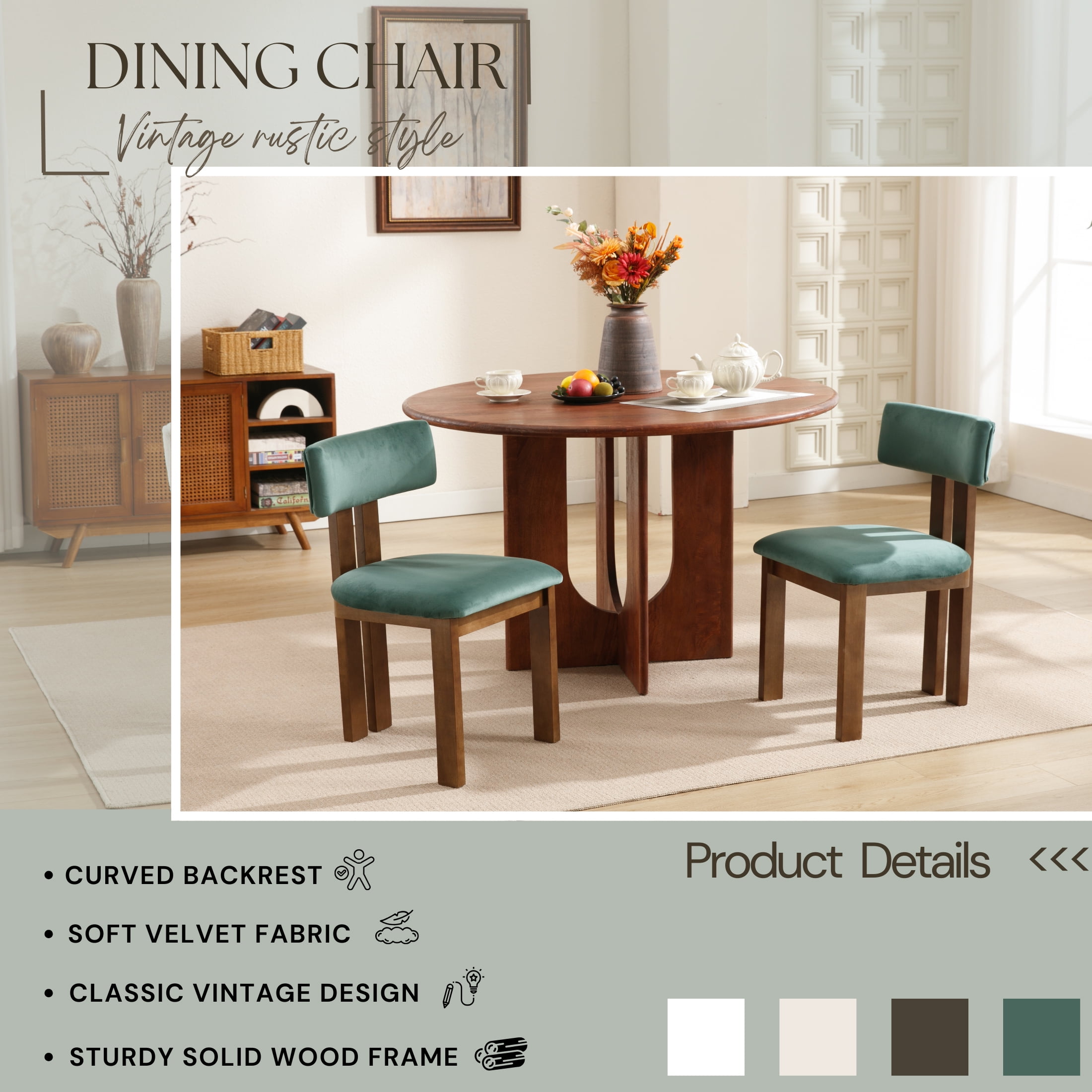 Guyou Wooden Dining Chairs Set of 2, Mid Century Modern Velvet Upholstered Dining Side Chairs, Farmhouse Kitchen Chairs with Curved Back for Kitchen Dining Room Living Room, Green