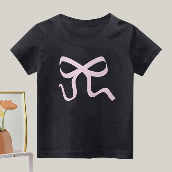 BLTIBY Girls Boys Summer Short Sleeve Top Child Kids Round Neck Bow Printed Cotton Shirts Toddler Infant Fashion Casual Loose Pullover Blouse Black 3-4 Years