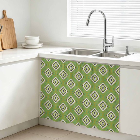 Green Slate Diamonds Cabinet Curtain, Abstract Vintage Minimalist Geometric Grid Sink Skirt for Bathroom, Under Sink shelf Curtain Privacy Drape for Kitchen Laundry Room 10x11in