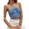 thumbnail image 2 of VISgogo - Chaleco de verano para mujer con cuello halter, estampado de rayas, sin mangas, fruncido, ajustado, recortado, sin mangas, camisola de punto VISgogo  moda, 2 of 9