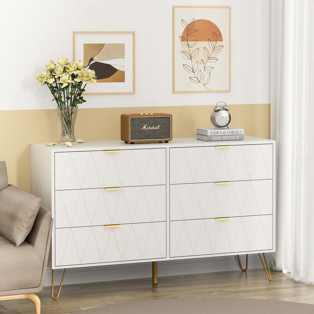Eclife 48" Large 6-Drawer Double Dressers Chest for Bedroom Wood Top Metal Handles for Living Room Home