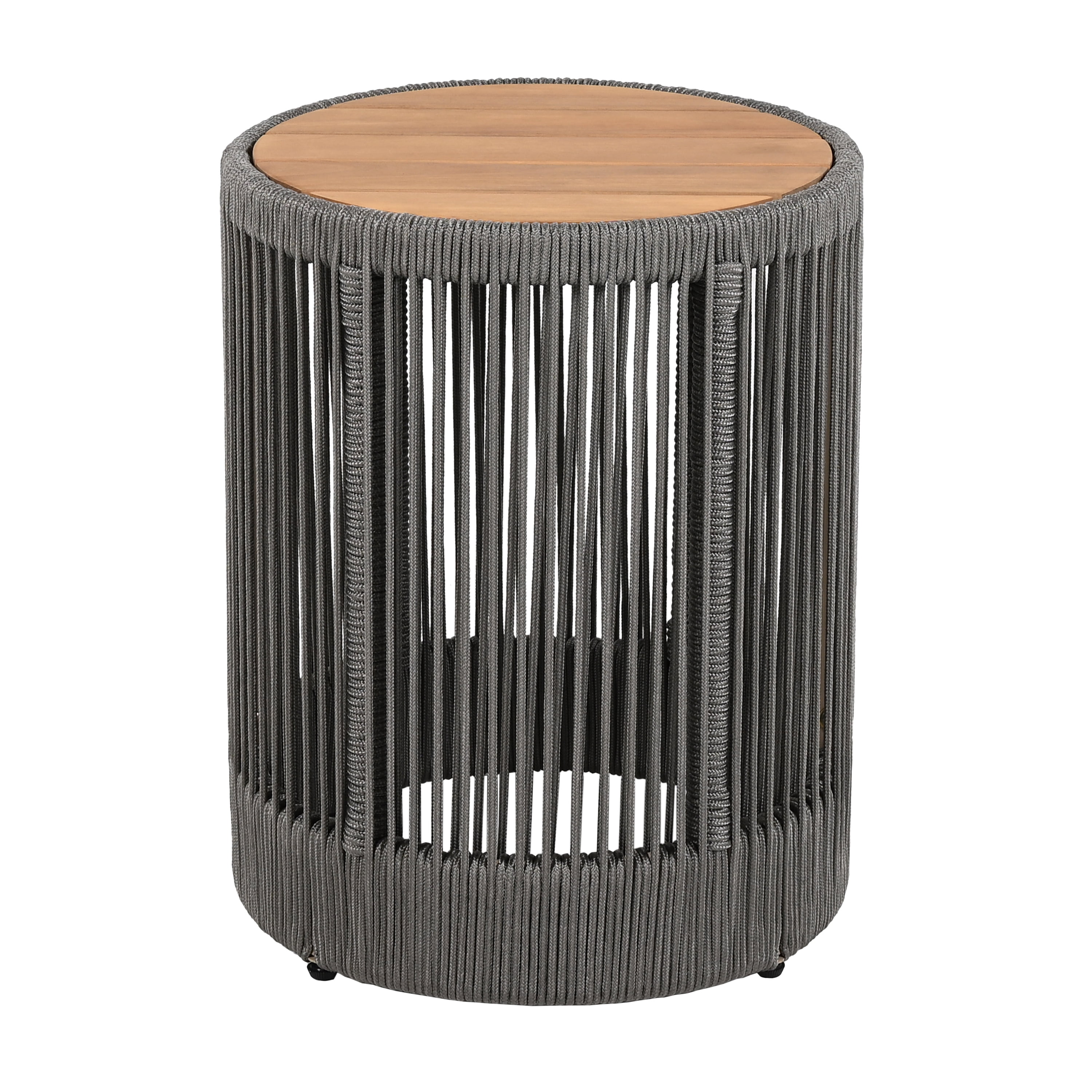 Euroco Outdoor Rattan rope & Acacia Wood Side Table - Patio Balcony Furniture for Garden, Yard, Balcony - Weather Resistant(Rope Grey, Natural Iron)