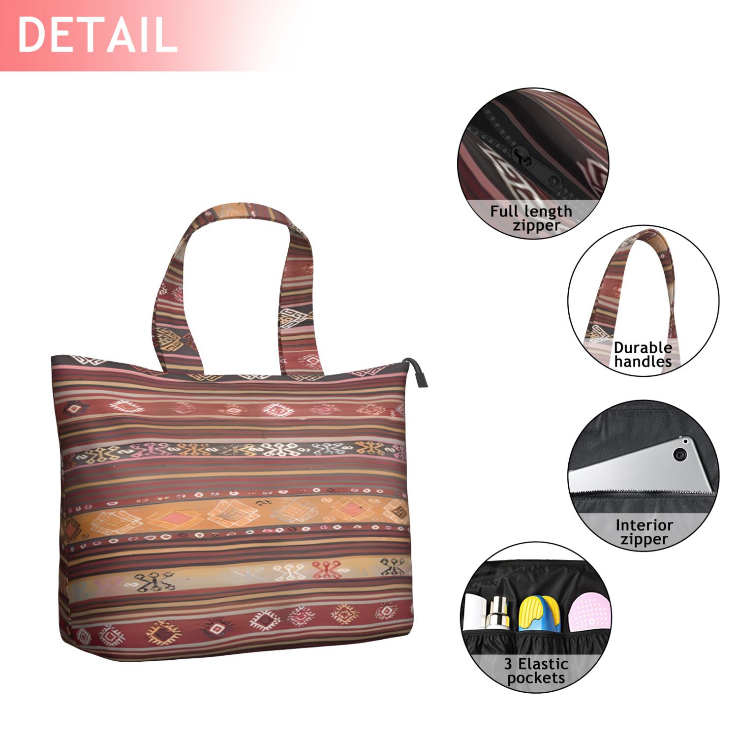 Boho Red Multicolored Ethnic Pattern Travel Tote Bags for Women Carry On,Large Weekender Bags for Women Travel,Multi Functional Duffle Bag for Work,Shopping,Sports