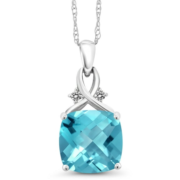 Gem Stone King 10K White Gold Swiss Blue Topaz and White Diamond Pendant Necklace for Women (4.11 Cttw, Gemstone November Birthstone, Cushion Checkerboard Cut 10MM, with 18 inch Chain)