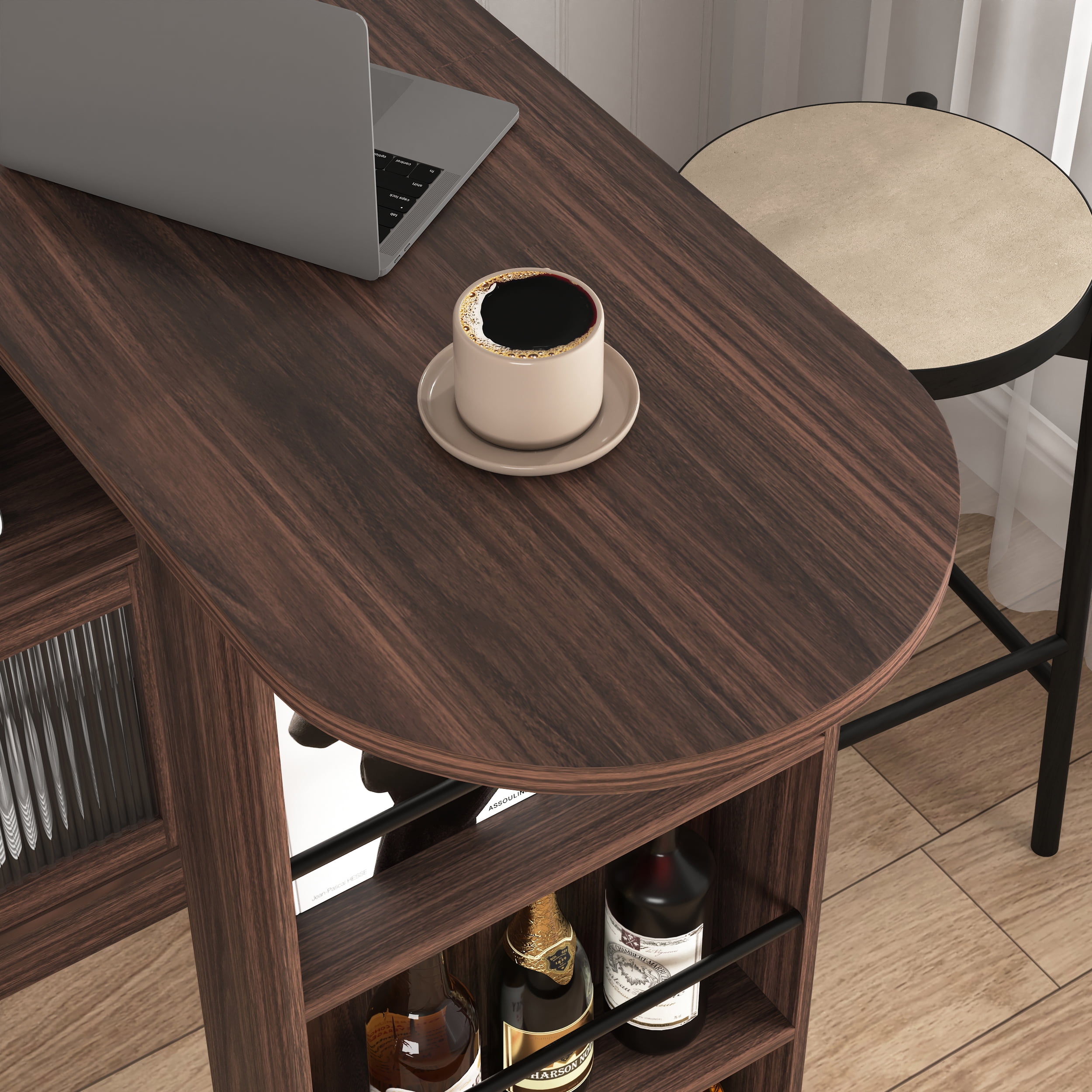 MAYEERTY Modern Bar Cabinet with Rotating Top & Ribbed Glass Doors