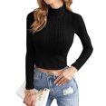 thumbnail image 1 of Suéter corto para mujer, cuello alto de punto acanalado, camisetas de manga larga, jersey ajustado a Abanopi Negro/Medio, 1 of 7