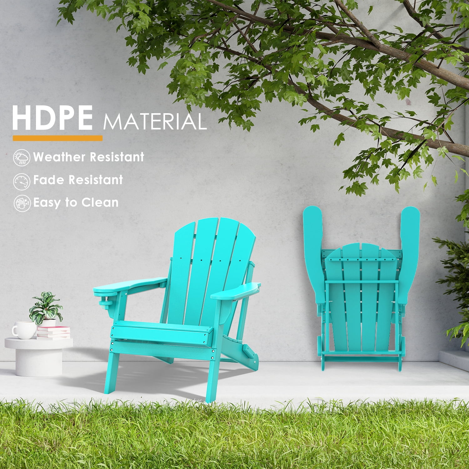 Pipopa Outdoor Folding HDPE Adirondack Chair Set of 2 with Cup Holder,All-Weather Patio Chair for Garden,Backyard,Pool,Aqua