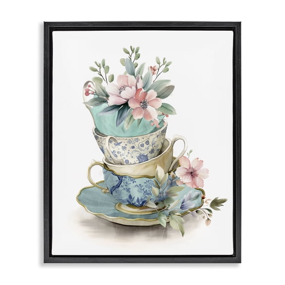 Stupell Industries Tea Cup Chinoiserie Blossoms Black Framed Floater Canvas Wall Art, design by Kim Allen