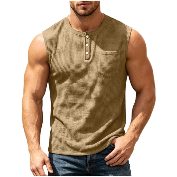Men's Waffle Knit Henley Tank Top, Button Front with Chest Pocket, Breathable Sleeveless Shirt for Gym, Workouts and Muscle Fit Casual Wear, Big and Tall Sizes S-3XL Khaki