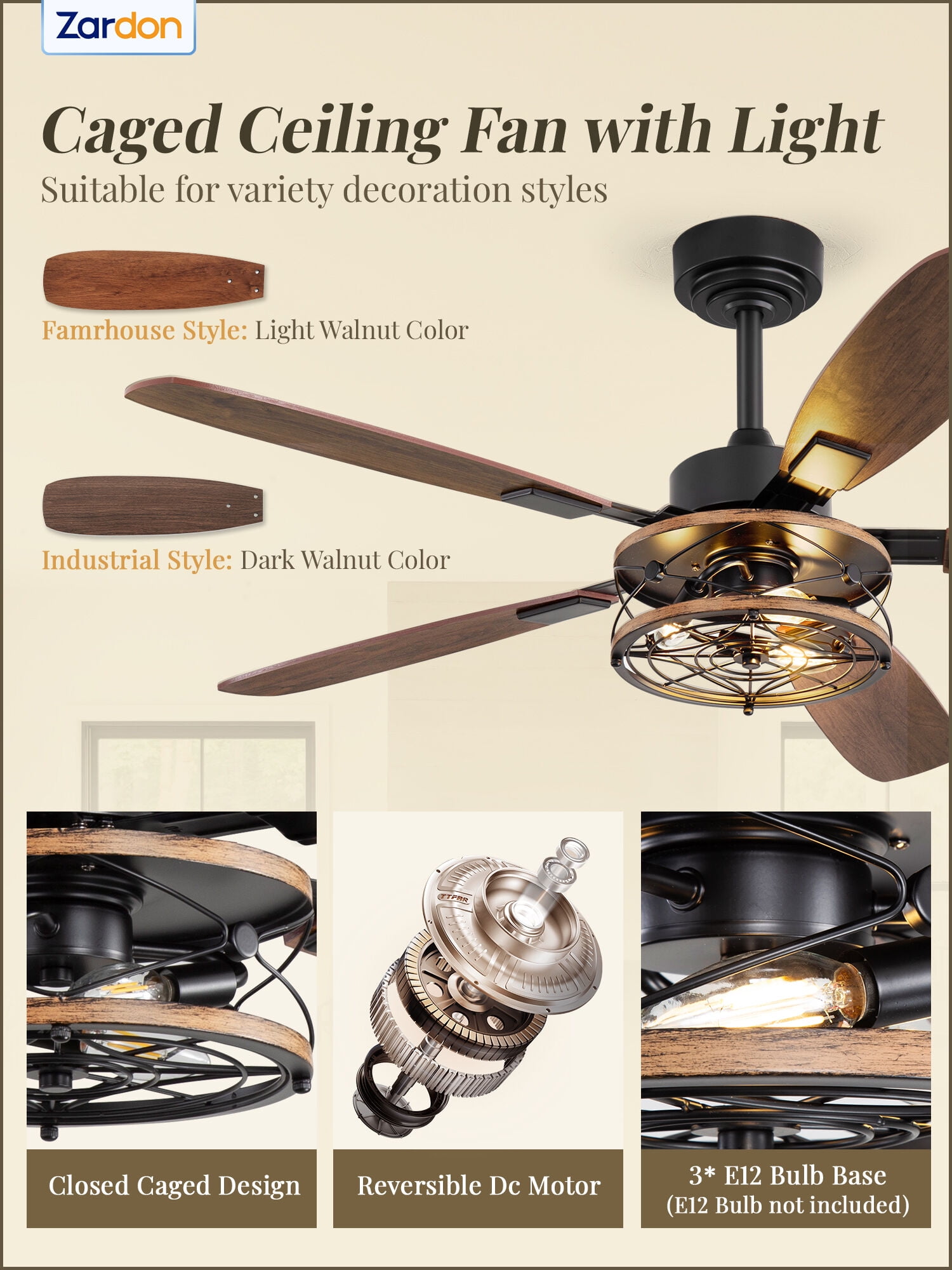 Zardon 52 Inch Farmhouse Ceiling Fan with Light and Remote Control, Quiet Reversible DC Motor, Closed Cage-like Shade, Dual-Finish Blades for Indoor
