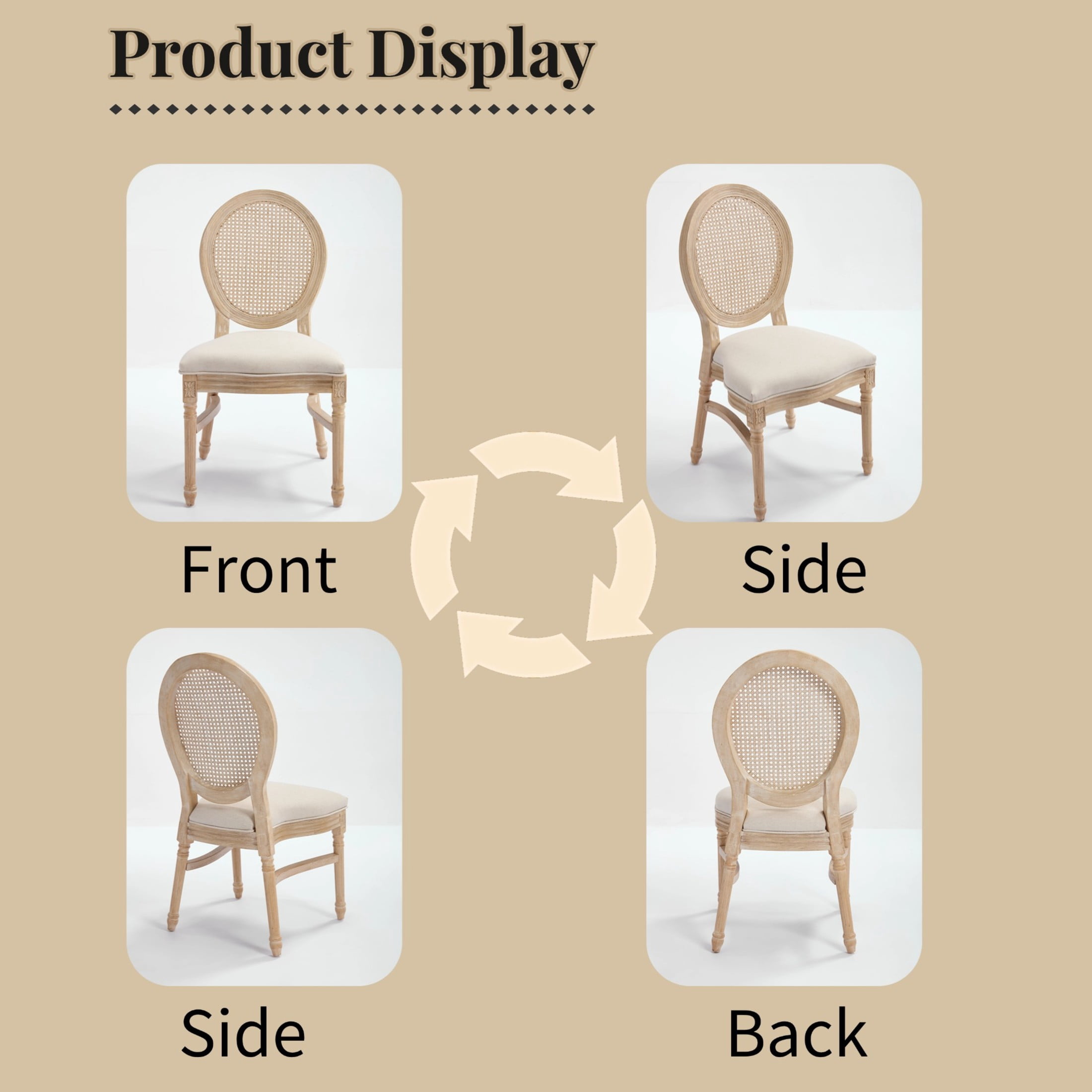 Noble House French Country Stackable Dining Chairs with Natural Rattan Back and Carved Wood Legs, Beige, Set of 2