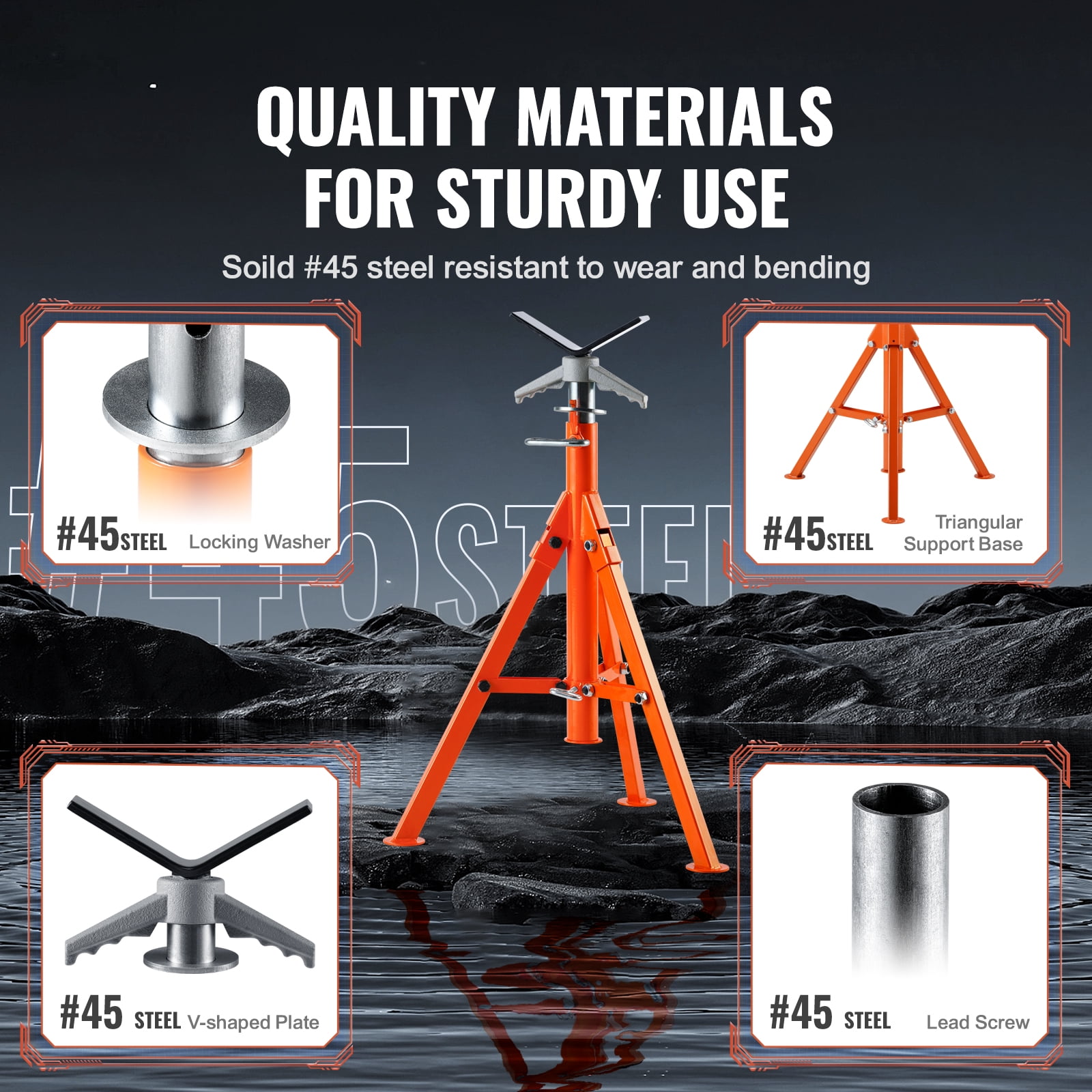 KFFKFF Pipe Stand, 27.2-52 Inch Adjustable Height,1/2"-12" Capacity, 2500 lb Load Capacity, Heavy Duty 45# Carbon Steel Body, Steel Jack Stands with Portable Folding Legs