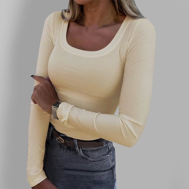 TINZ Chemises à Manches Longues pour Femmes Col Carré Ajusté Hauts Basiques Décontractés Côtelés Thermiques sous-Vêtements Tee-Shirt à Manches Longues Femmes Tee-Shirts de Course Femmes Randonnée