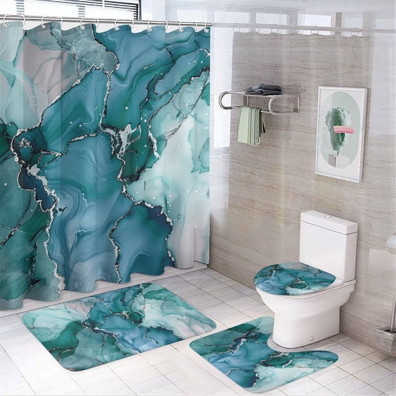 Marble Pattern Blue Gold 4 Pcs Bathroom Shower Curtain Set, Bathroom Sets with Rugs (Bath Mat, U Shape and Toilet Lid Cover Mat) and 12 Hooks,
