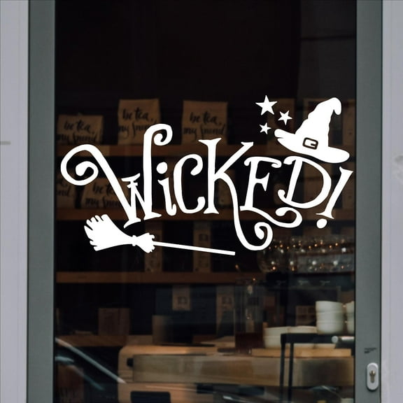 Halloween Wicked! Vinyl Lettering Wall Decal Witch Hat and Broom Star Decals Size: 16.5"H x 30"L - Color: White